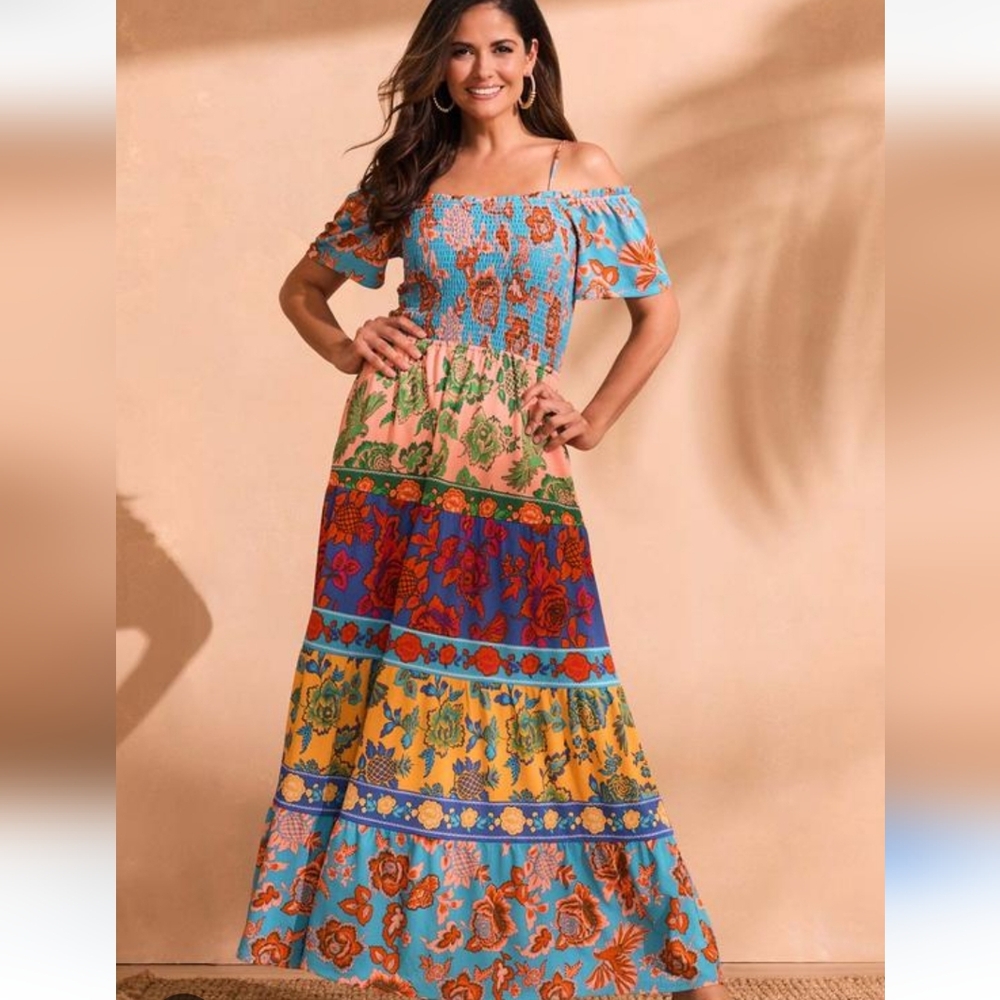 Cato Colorful Floral Maxi Dress with Blue, Orange, and Green